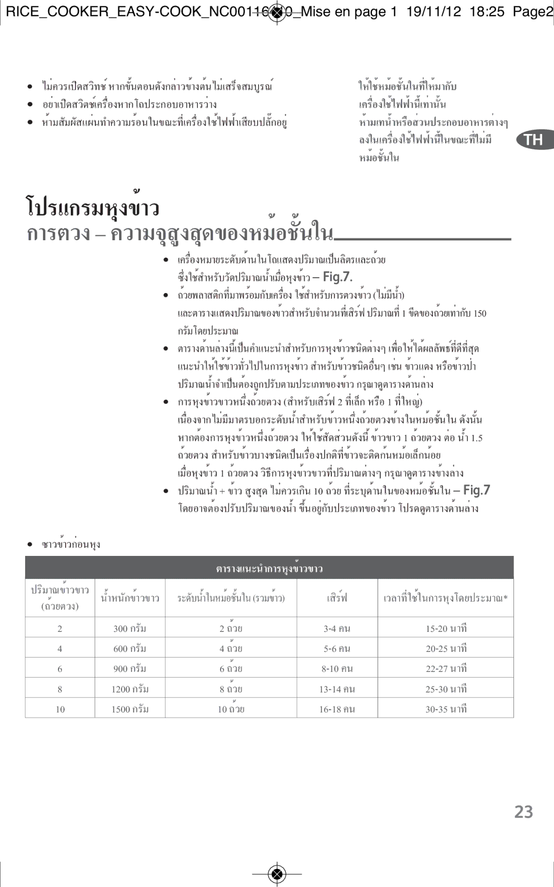 Tefal RK101827, RK101825, RK1018TH manual การตวง ความจุสูงสุดของหม้อชั้นใน 