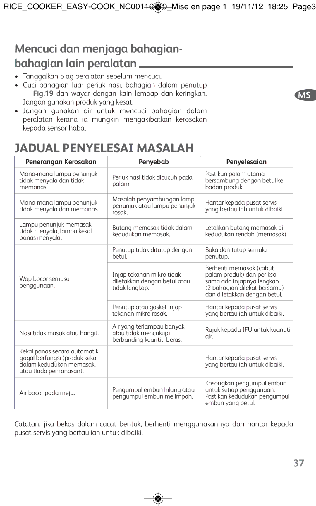 Tefal RK1018TH, RK101825, RK101827 manual Mencuci dan menjaga bahagian, Bahagian lain peralatan 