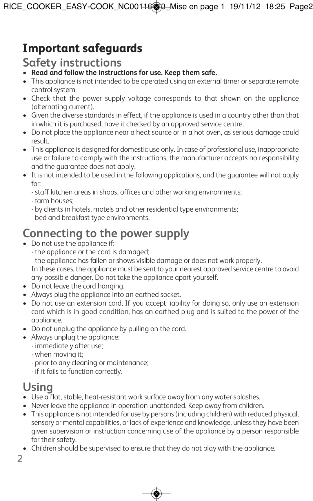 Tefal RK101827, RK101825, RK1018TH manual Important safeguards, Safety instructions, Connecting to the power supply, Using 