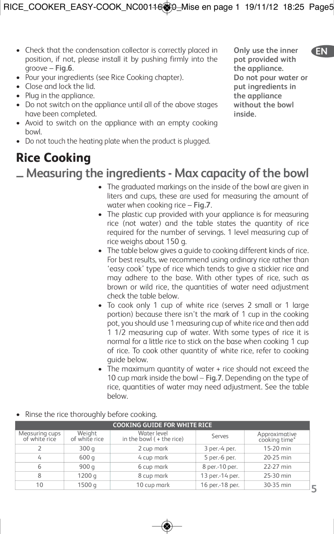 Tefal RK101827, RK101825, RK1018TH manual Rice Cooking, Inside 