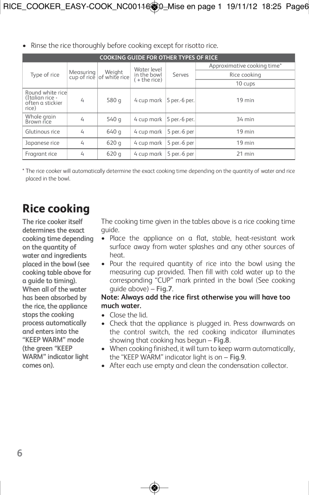 Tefal RK101825, RK1018TH, RK101827 manual After each use empty and clean the condensation collector 