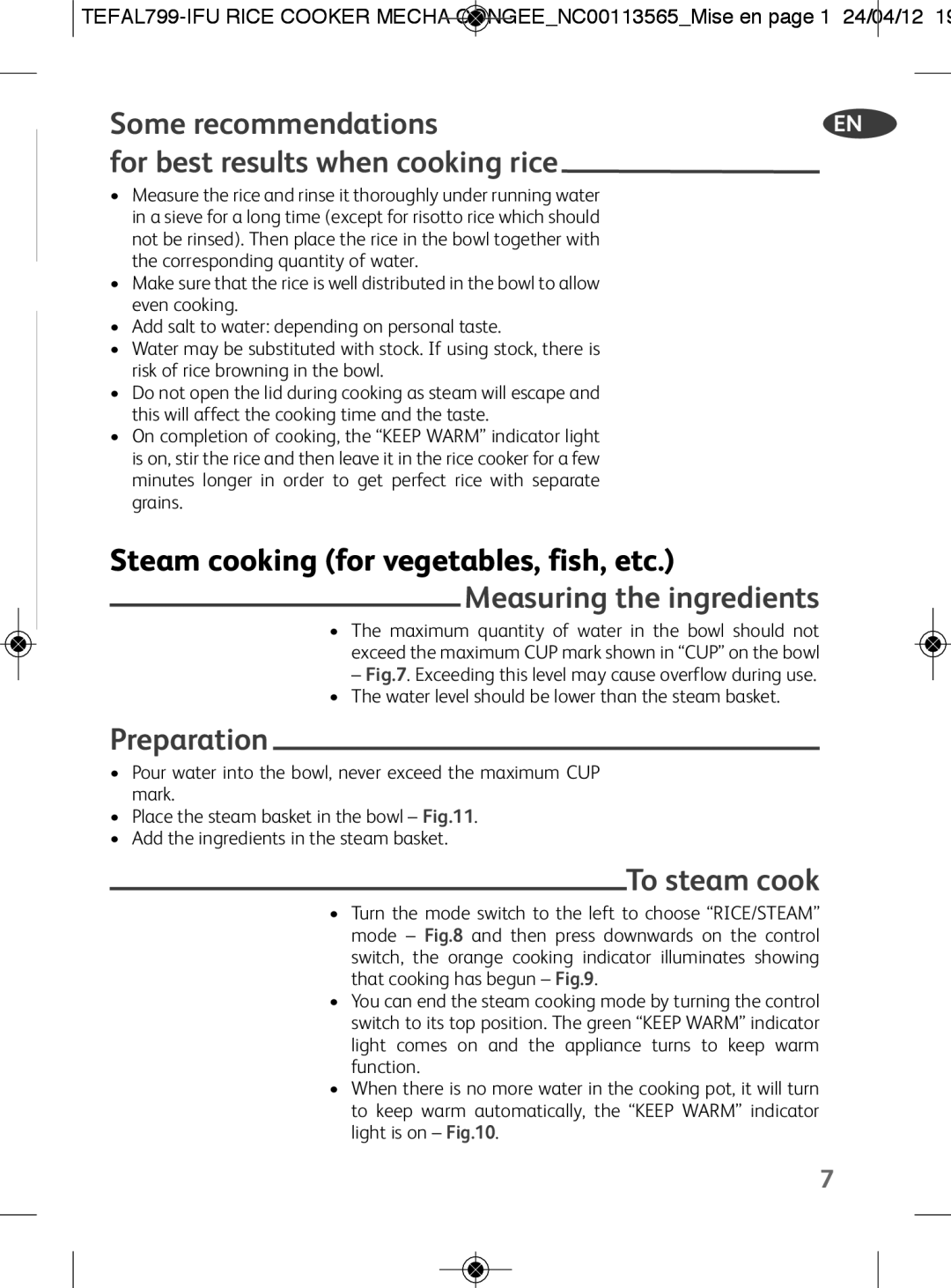 Tefal RK104670, RK104671 manual Some recommendations For best results when cooking rice, Preparation, To steam cook 