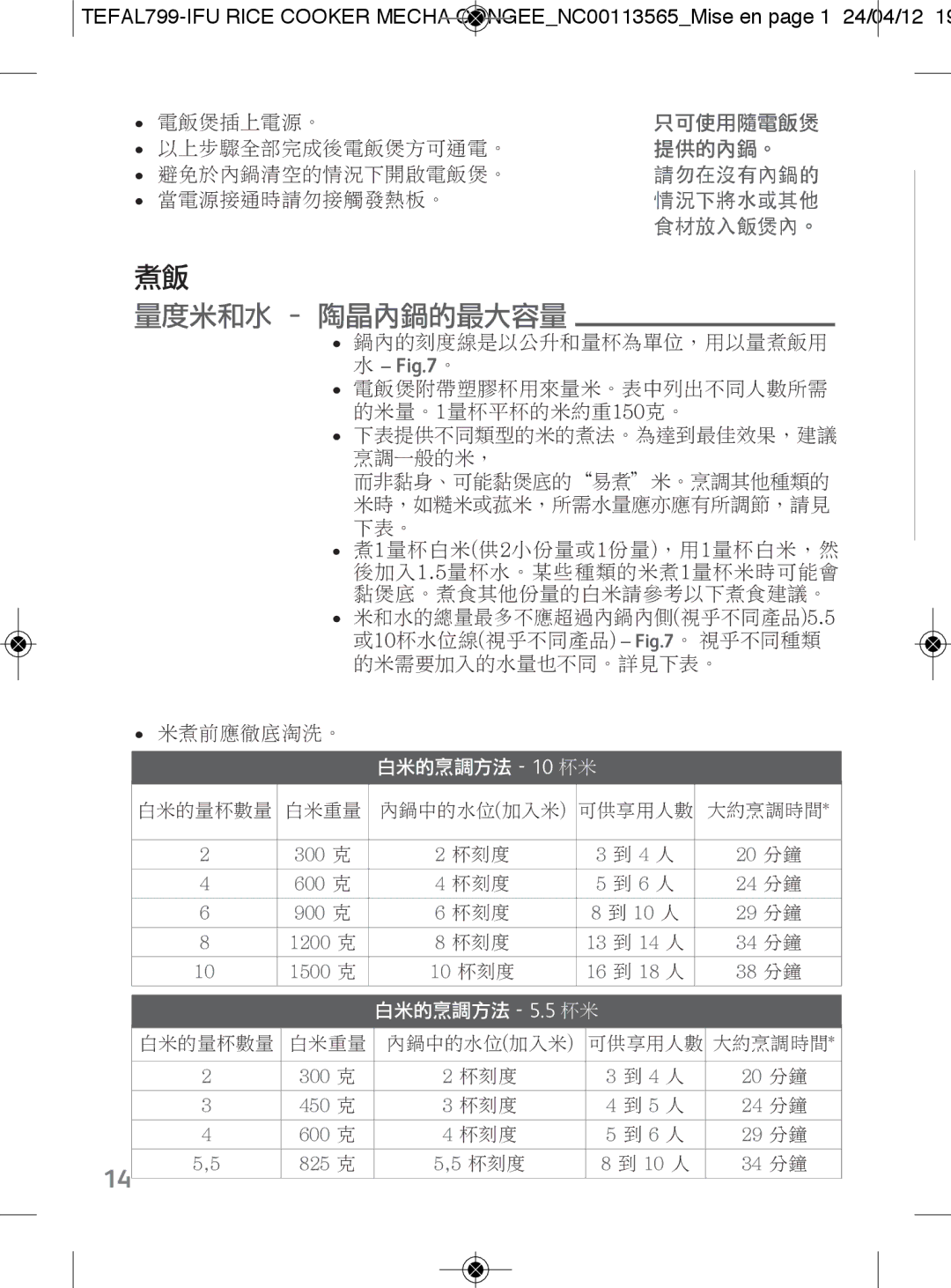 Tefal RK104671, RK104670 manual 量度米和水-陶晶內鍋的最大容量 