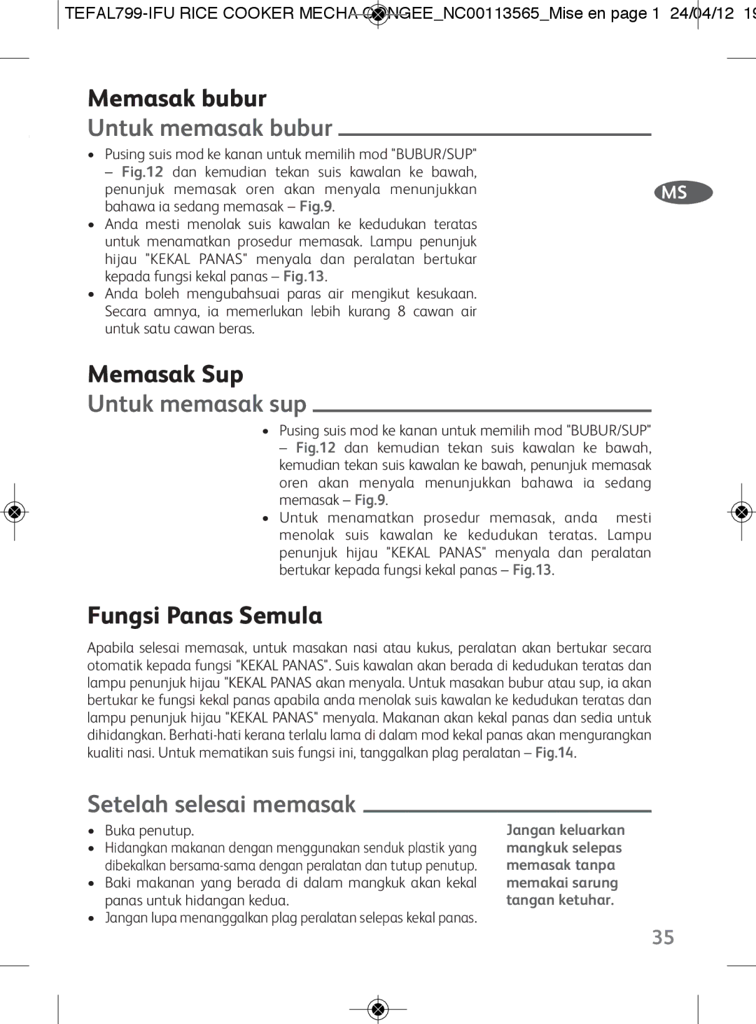 Tefal RK104670, RK104671 manual Untuk memasak sup, Setelah selesai memasak 