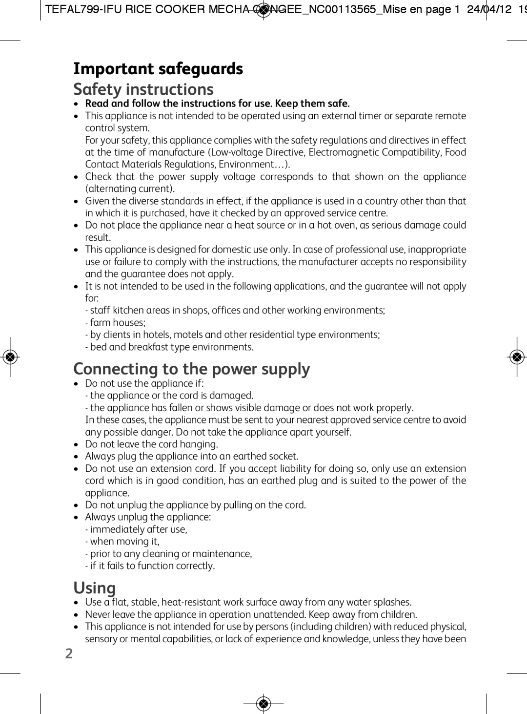 Tefal RK104671, RK104670 manual Safety instructions, Connecting to the power supply, Using 