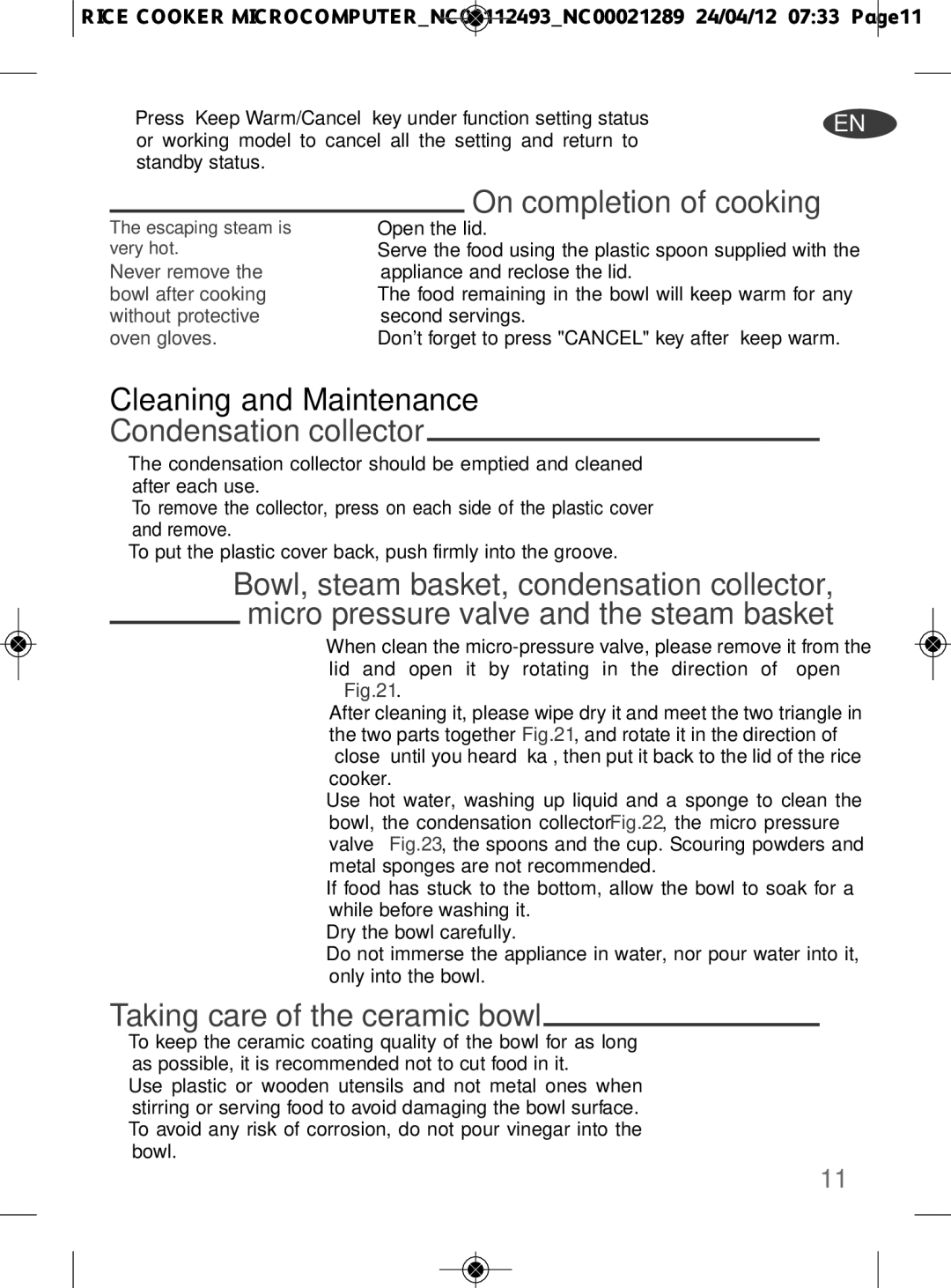 Tefal RK106671, RK106670 manual Cleaning and Maintenance, Condensation collector, Taking care of the ceramic bowl 