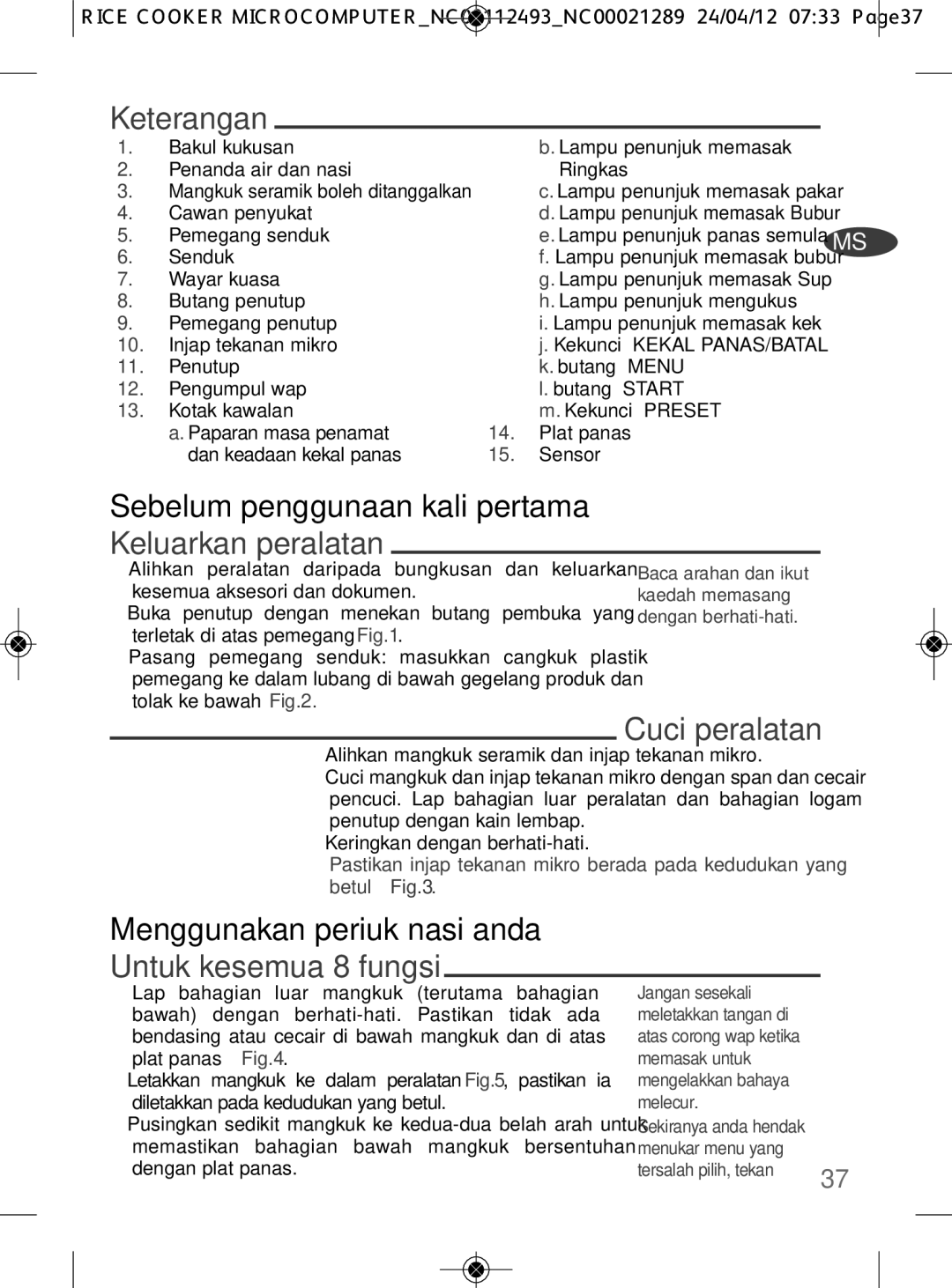 Tefal RK106671 Keterangan, Sebelum penggunaan kali pertama Keluarkan peralatan, Cuci peralatan, Untuk kesemua 8 fungsi 