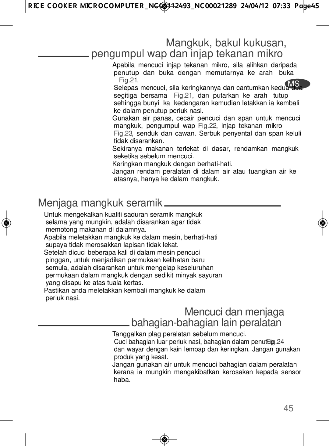 Tefal RK106671, RK106670 manual Menjaga mangkuk seramik, Mencuci dan menjaga bahagian-bahagian lain peralatan 