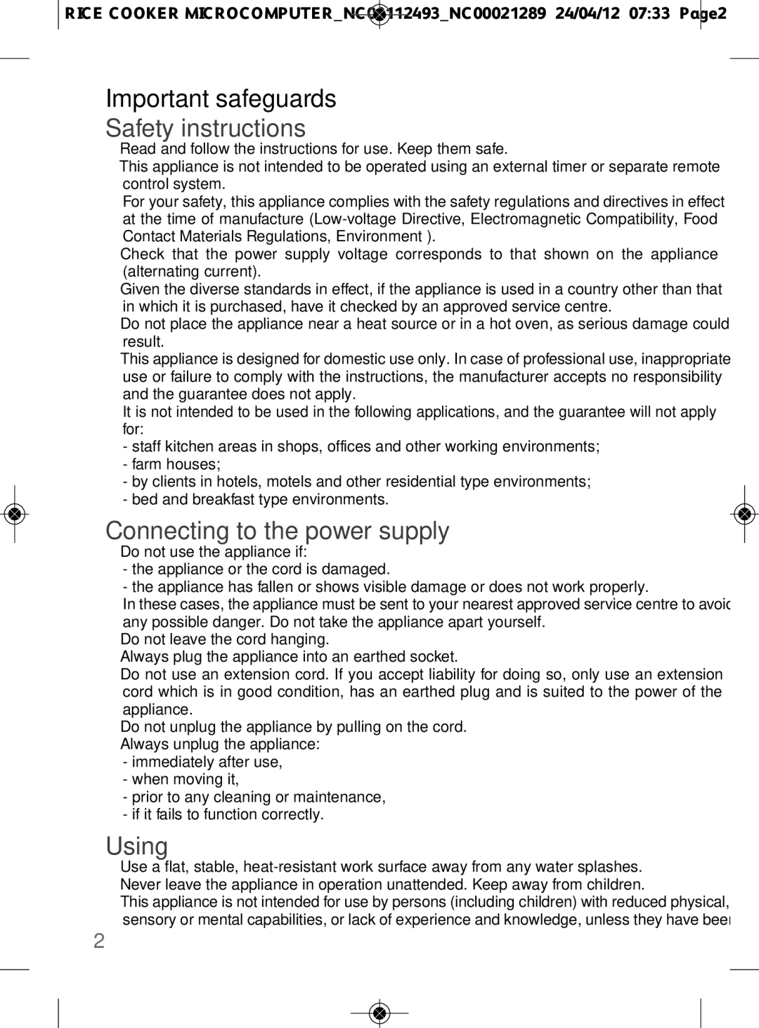 Tefal RK106670, RK106671 manual Important safeguards, Safety instructions, Connecting to the power supply, Using 