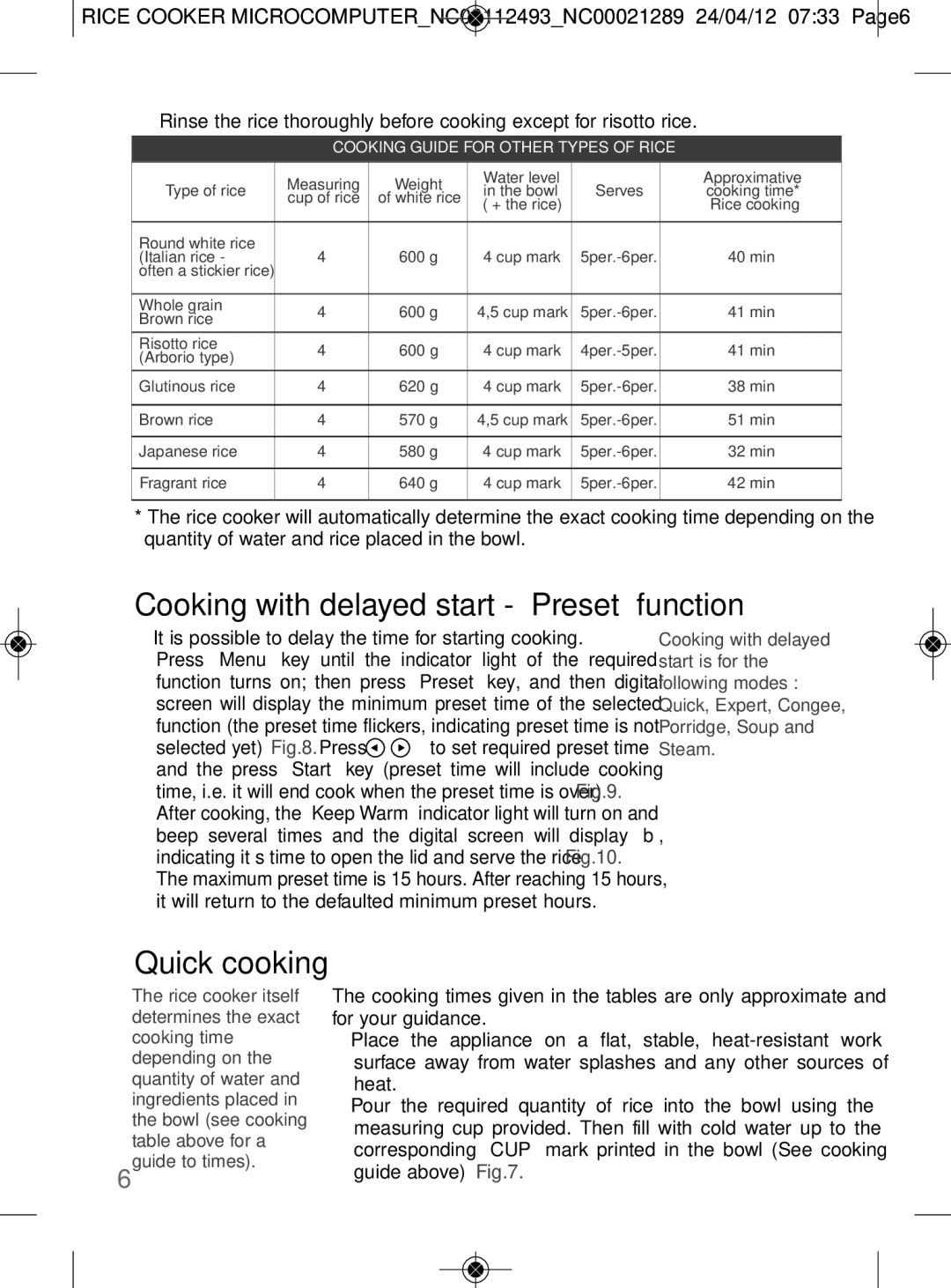 Tefal RK106670, RK106671 manual Cooking with delayed start Preset function, Quick cooking 