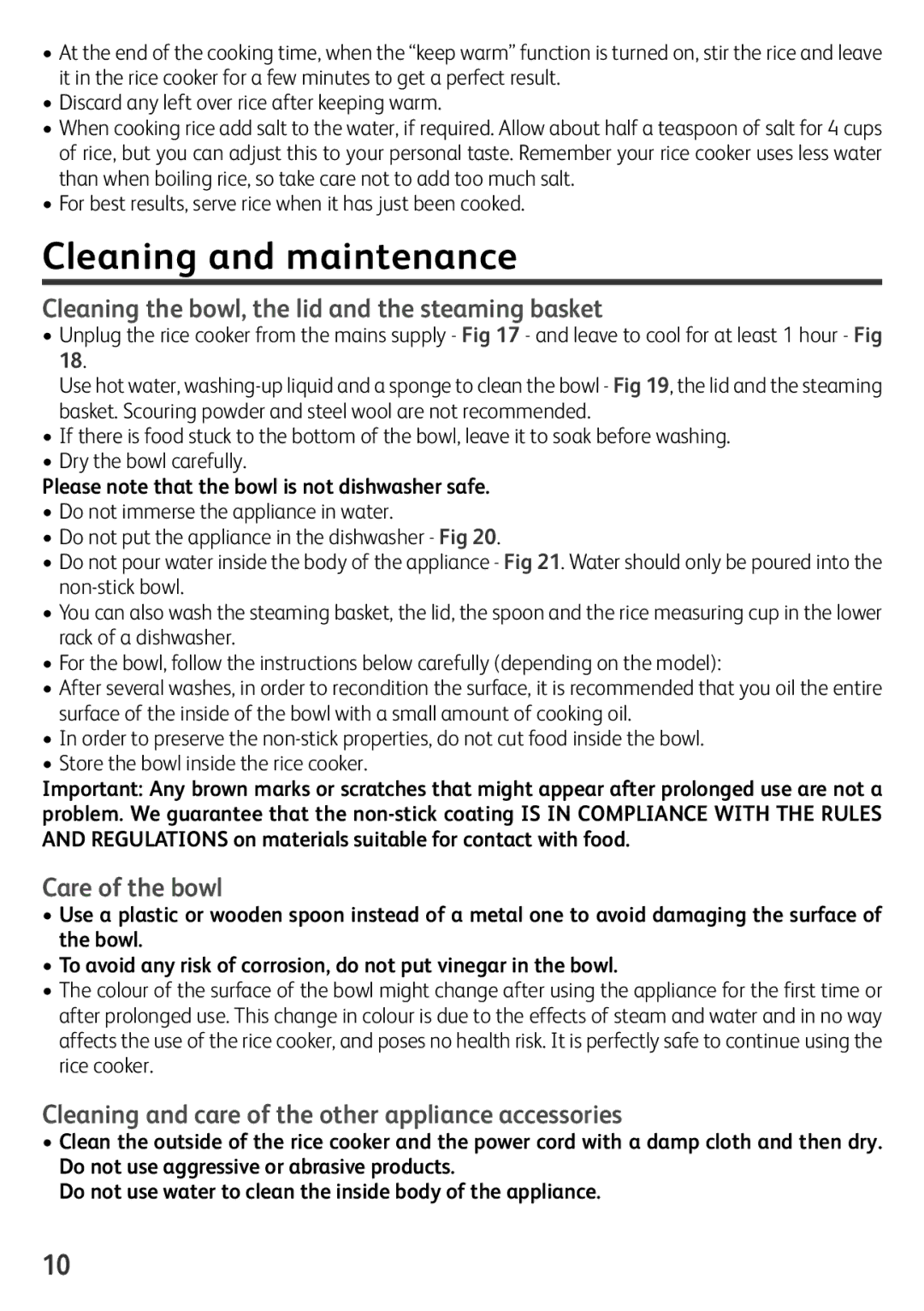 Tefal RK1568UK manual Cleaning the bowl, the lid and the steaming basket, Care of the bowl 