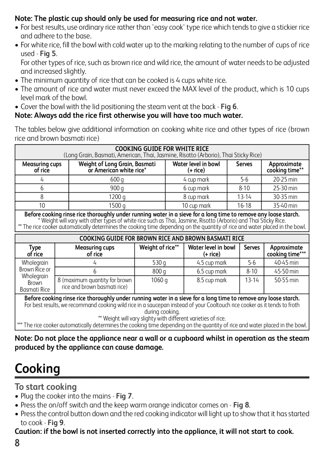 Tefal RK1568UK manual To start cooking, Cooking Guide for White Rice 