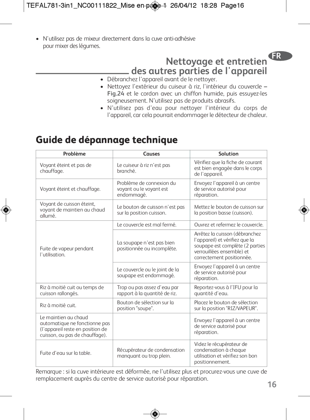 Tefal RK203E25, RK203E27 manual Guide de dépannage technique, TEFAL781-3in1NC00111822Mise en page 1 26/04/12 1828 Page16 