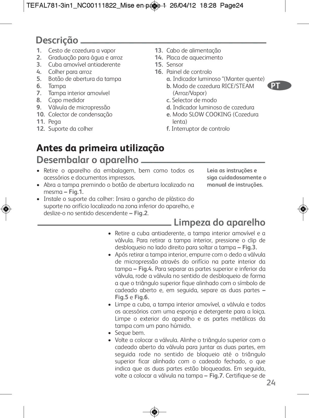 Tefal RK203E25, RK203E27 manual Descrição, Limpeza do aparelho, TEFAL781-3in1NC00111822Mise en page 1 26/04/12 1828 Page24 