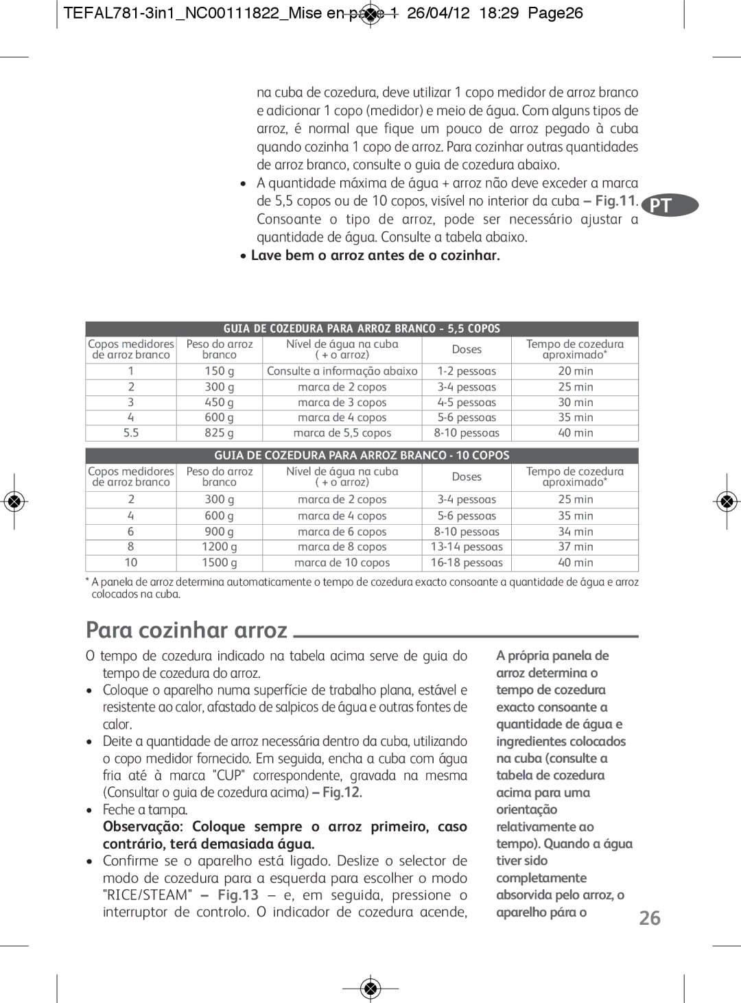 Tefal RK203E25, RK203E27 manual Para cozinhar arroz, TEFAL781-3in1NC00111822Mise en page 1 26/04/12 1829 Page26 