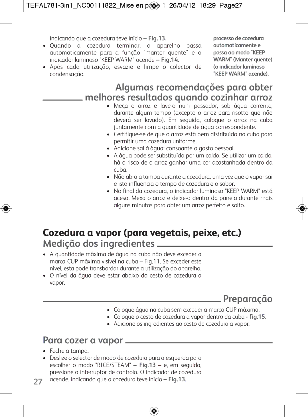 Tefal RK203E27, RK203E25 manual Preparação, Para cozer a vapor, TEFAL781-3in1NC00111822Mise en page 1 26/04/12 1829 Page27 