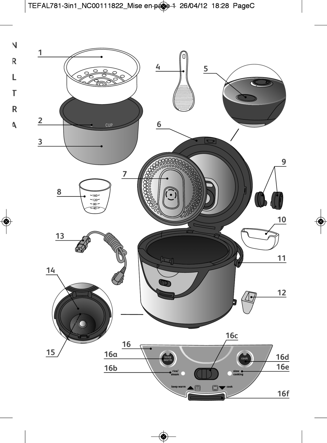 Tefal RK203E27, RK203E25 manual 16c, 16a 16d 16b 16e 16f, TEFAL781-3in1NC00111822Mise en page 1 26/04/12 1828 PageC 