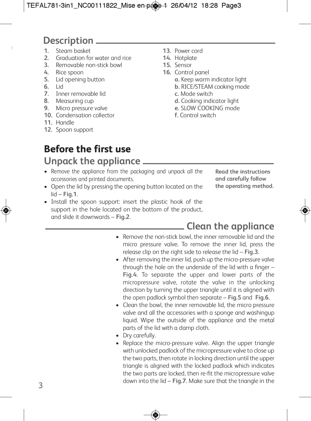 Tefal RK203E27, RK203E25 manual Description, Before the first use, Unpack the appliance, Clean the appliance 