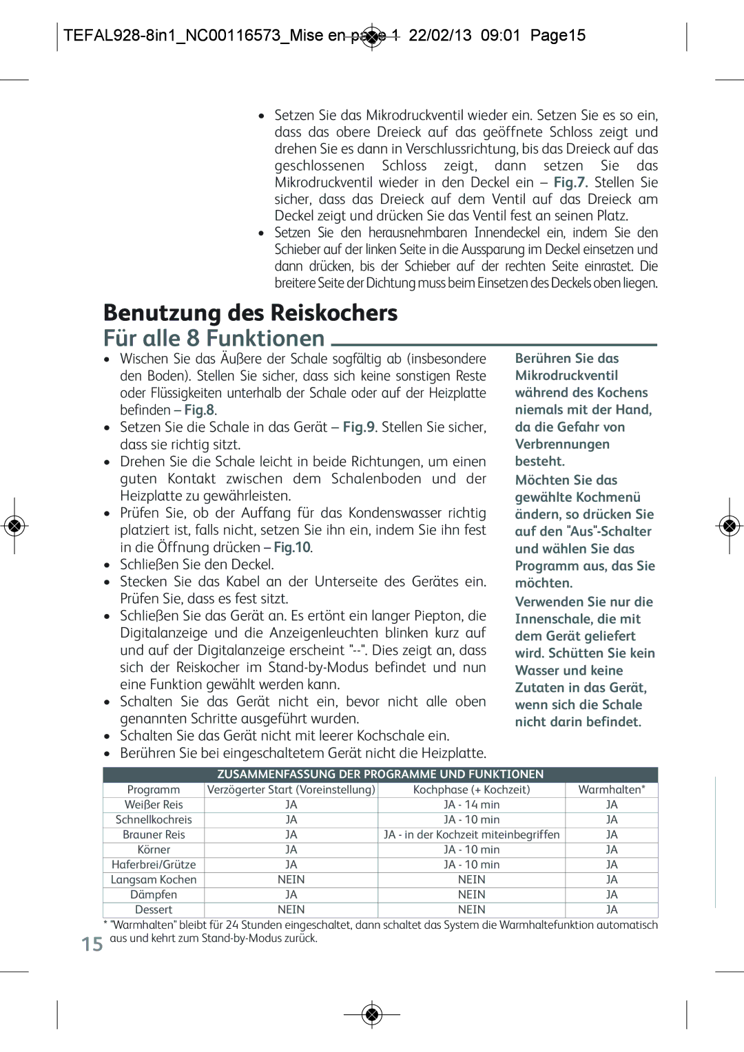 Tefal RK302E15 manual Benutzung des Reiskochers, Für alle 8 Funktionen, Zusammenfassung DER Programme UND Funktionen 