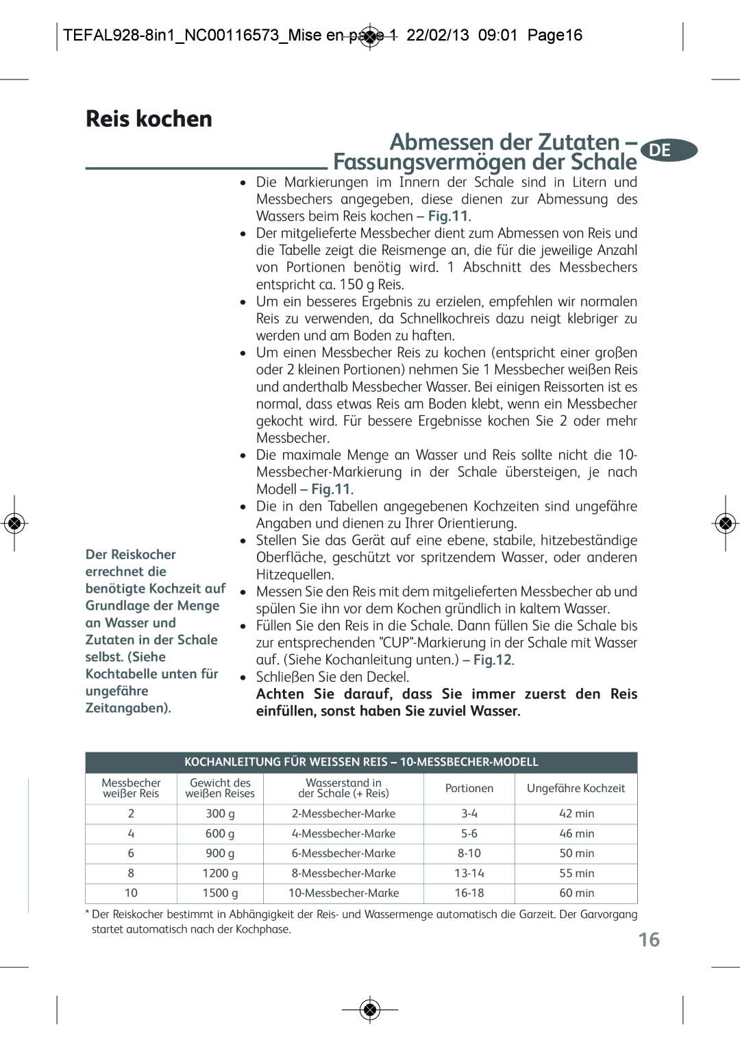Tefal RK302E15 manual Reis kochen, Fassungsvermögen der Schale, Abmessen der Zutaten 
