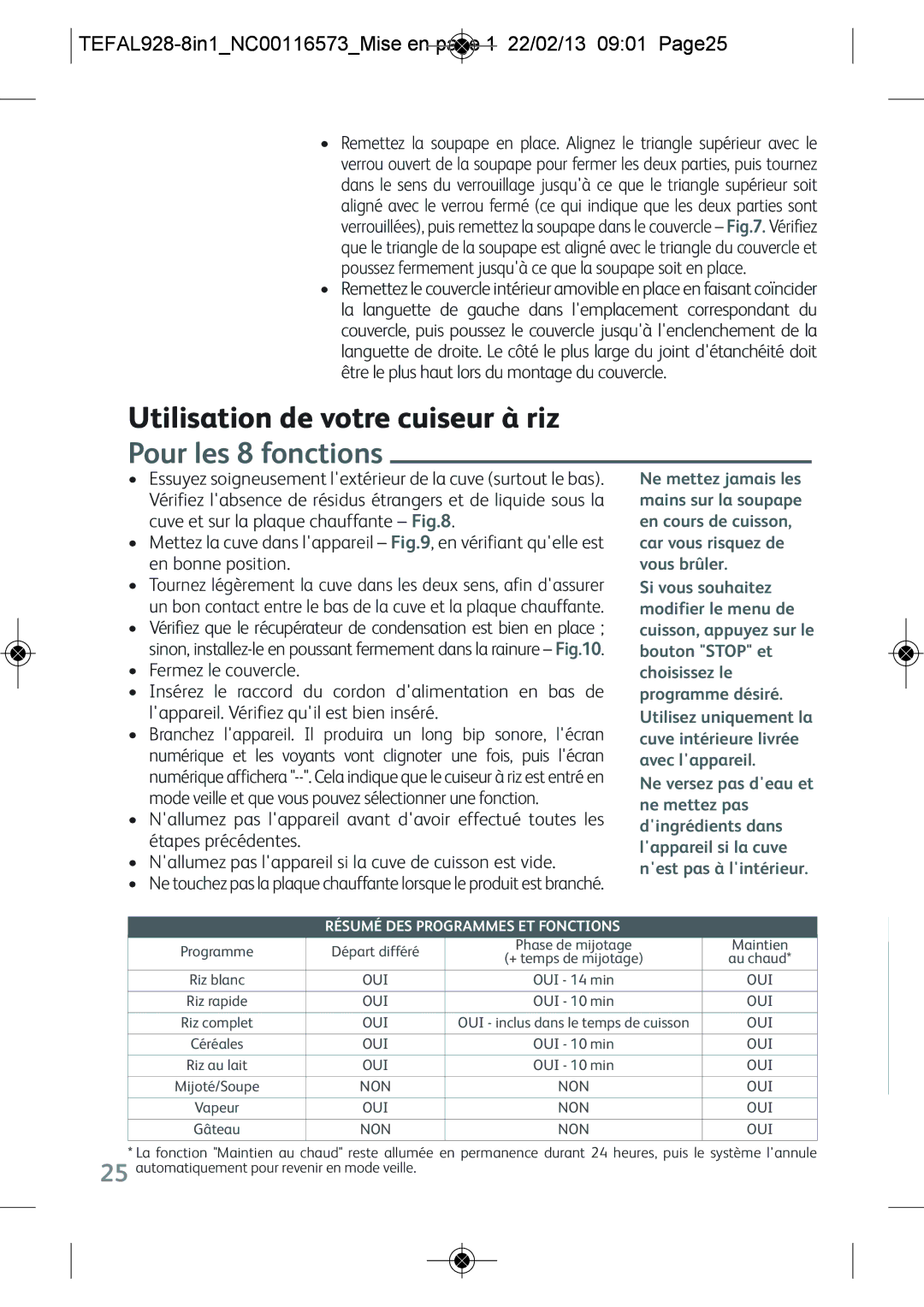 Tefal RK302E15 manual Utilisation de votre cuiseur à riz, Pour les 8 fonctions, Résumé DES Programmes ET Fonctions 