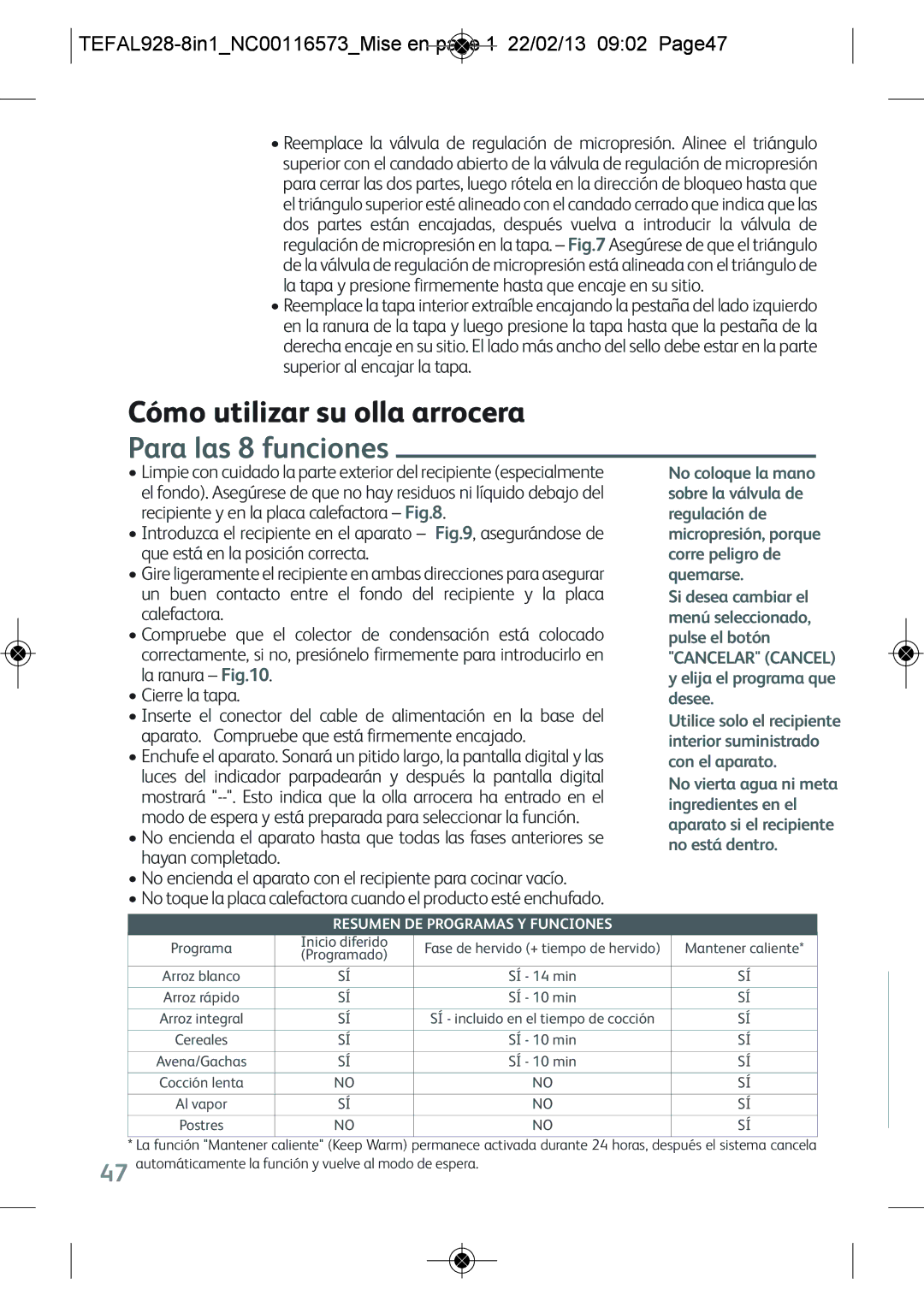 Tefal RK302E15 manual Cómo utilizar su olla arrocera, Para las 8 funciones, Resumen DE Programas Y Funciones 