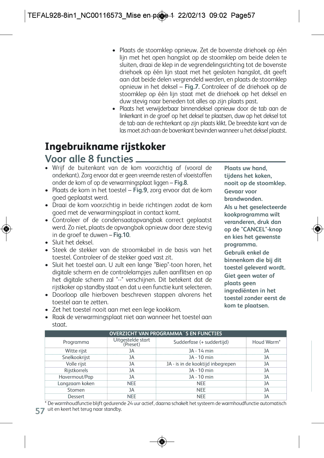 Tefal RK302E15 Ingebruikname rijstkoker, Voor alle 8 functies, TEFAL928-8IN1NC00116573MISE EN page 1 22/02/13 0902 PAGE57 