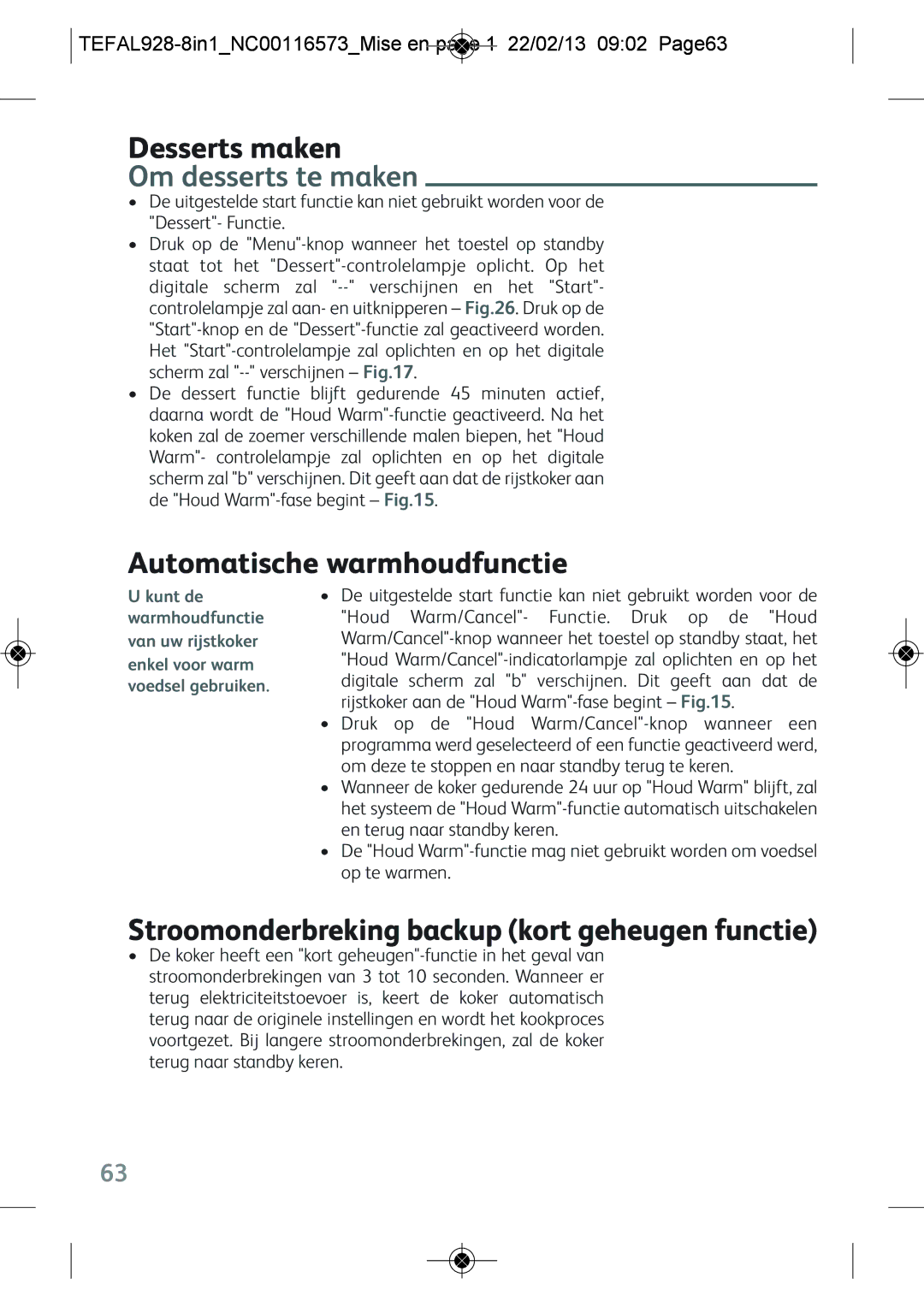 Tefal RK302E15 manual Desserts maken, Om desserts te maken, Automatische warmhoudfunctie 