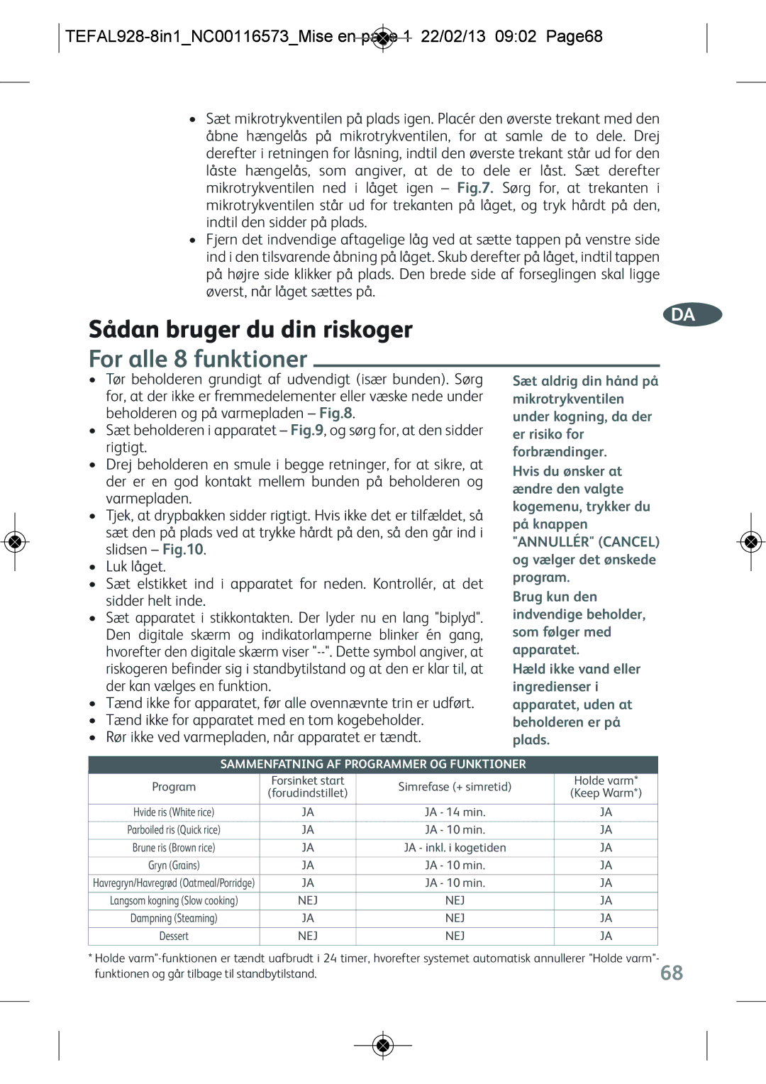 Tefal RK302E15 manual Sådan bruger du din riskoger, For alle 8 funktioner, Sammenfatning AF Programmer OG Funktioner 