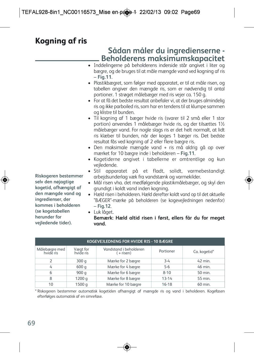 Tefal RK302E15 manual Kogning af ris, TEFAL928-8IN1NC00116573MISE EN page 1 22/02/13 0902 PAGE69 