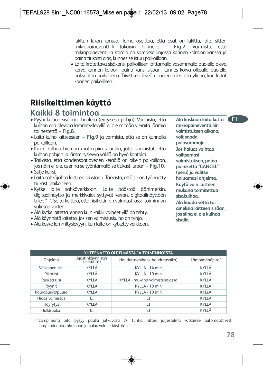 Tefal RK302E15 manual Riisikeittimen käyttö, Kaikki 8 toimintoa, TEFAL928-8IN1NC00116573MISE EN page 1 22/02/13 0902 PAGE78 