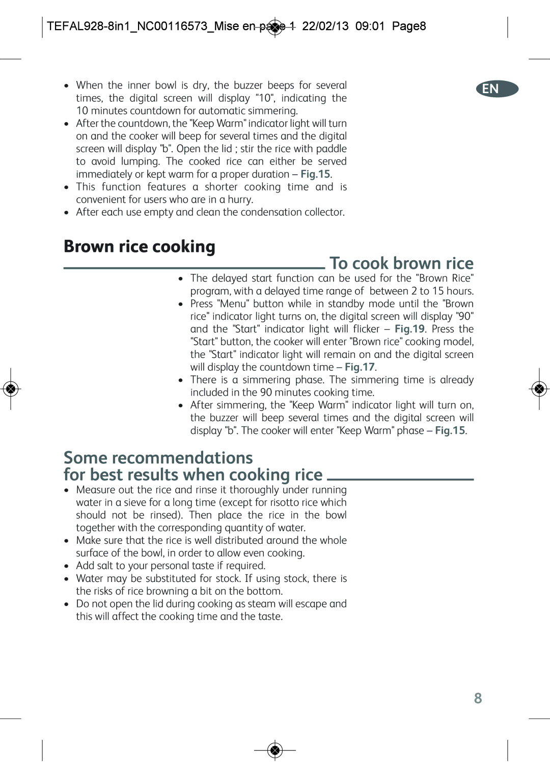 Tefal RK302E15 manual Brown rice cooking, Some recommendations For best results when cooking rice, To cook brown rice 