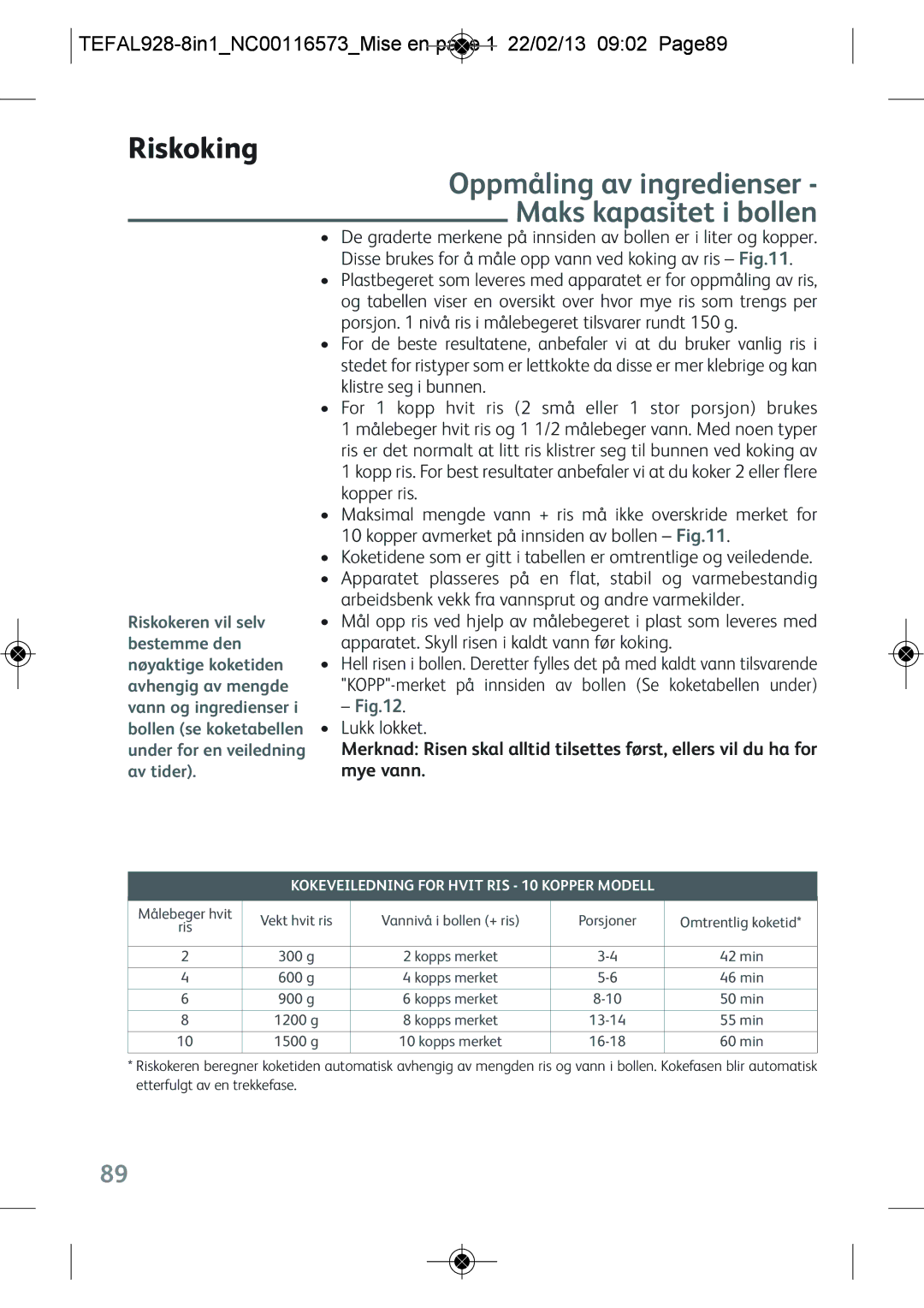 Tefal RK302E15 Riskoking, Oppmåling av ingredienser Maks kapasitet i bollen, Kokeveiledning for Hvit RIS 10 Kopper Modell 