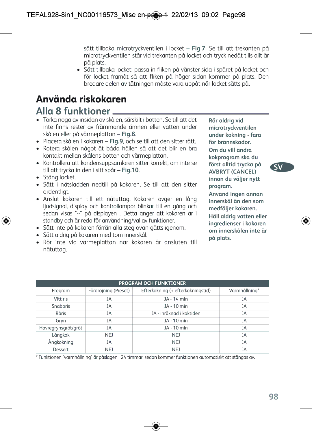 Tefal RK302E15 manual Använda riskokaren, Alla 8 funktioner, TEFAL928-8IN1NC00116573MISE EN page 1 22/02/13 0902 PAGE98 