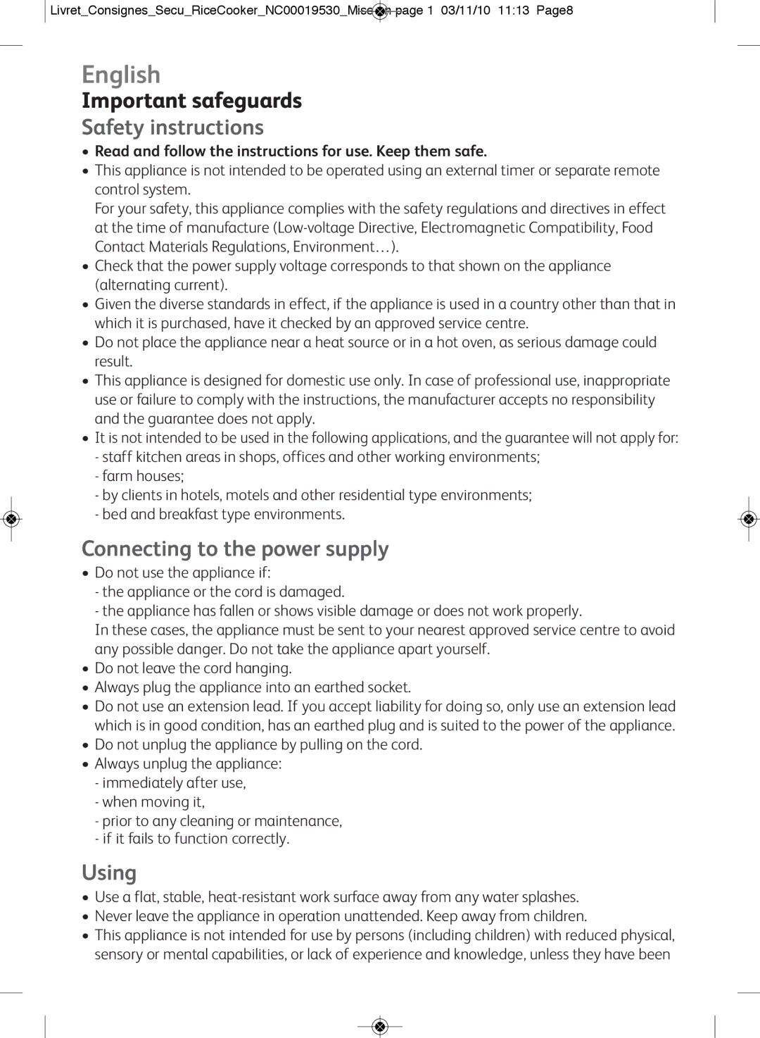 Tefal RK400970, RK400915, RK400951, RK400933, RK400952 English, Safety instructions, Connecting to the power supply, Using 