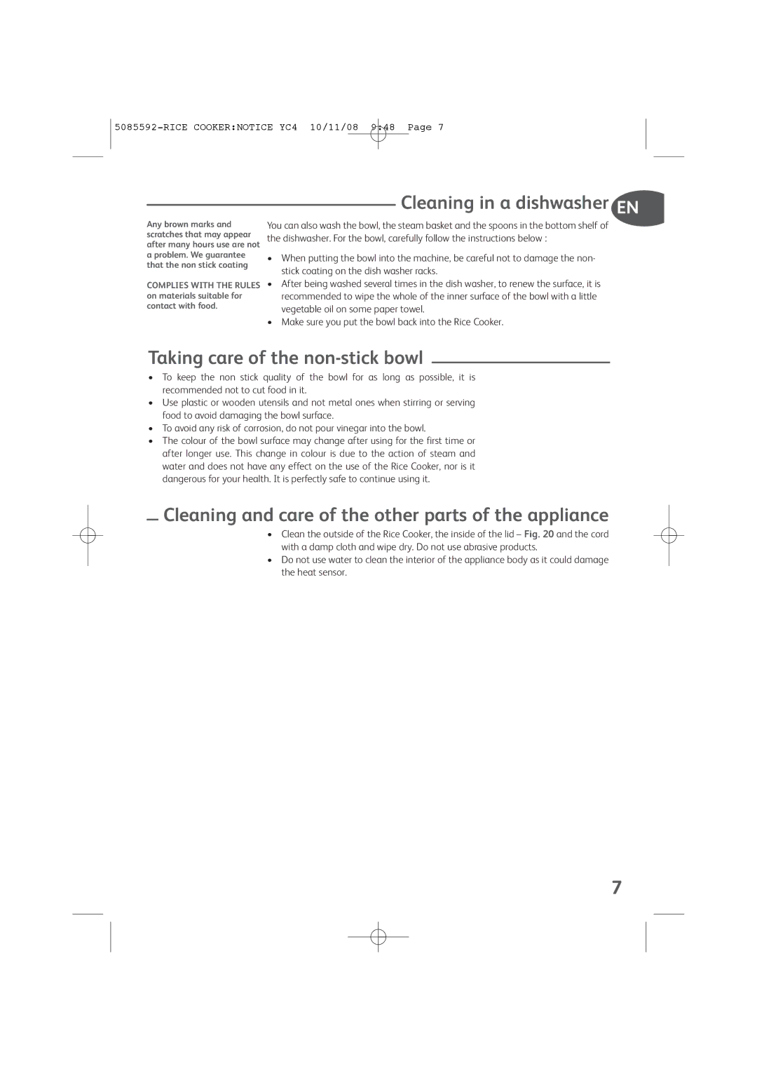 Tefal RK401171, RK401170 manual Cleaning in a dishwasher EN, Taking care of the non-stick bowl 