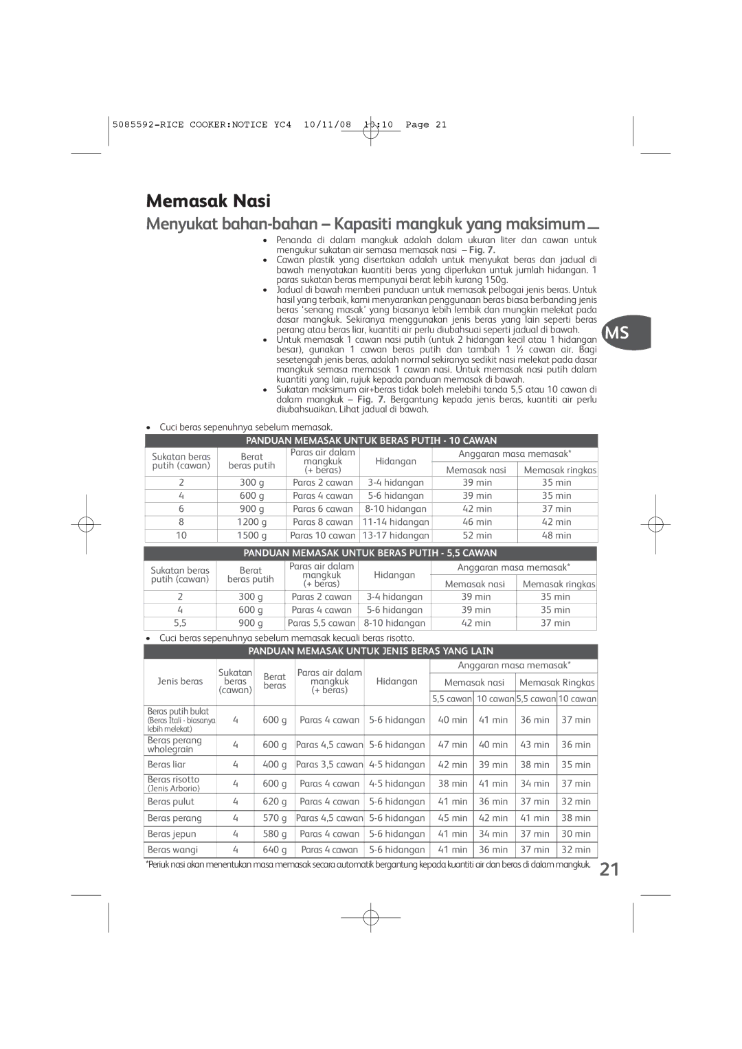 Tefal RK401171, RK401170 manual Memasak Nasi, Menyukat bahan-bahan Kapasiti mangkuk yang maksimum 