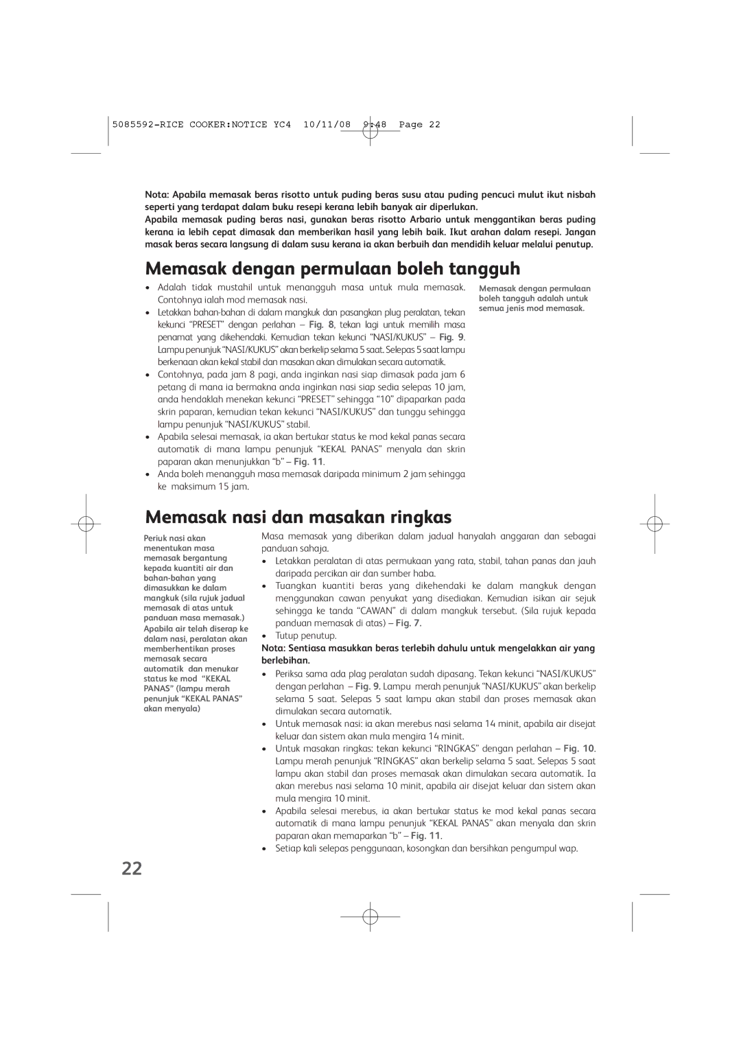 Tefal RK401170, RK401171 manual Memasak dengan permulaan boleh tangguh, Memasak nasi dan masakan ringkas 