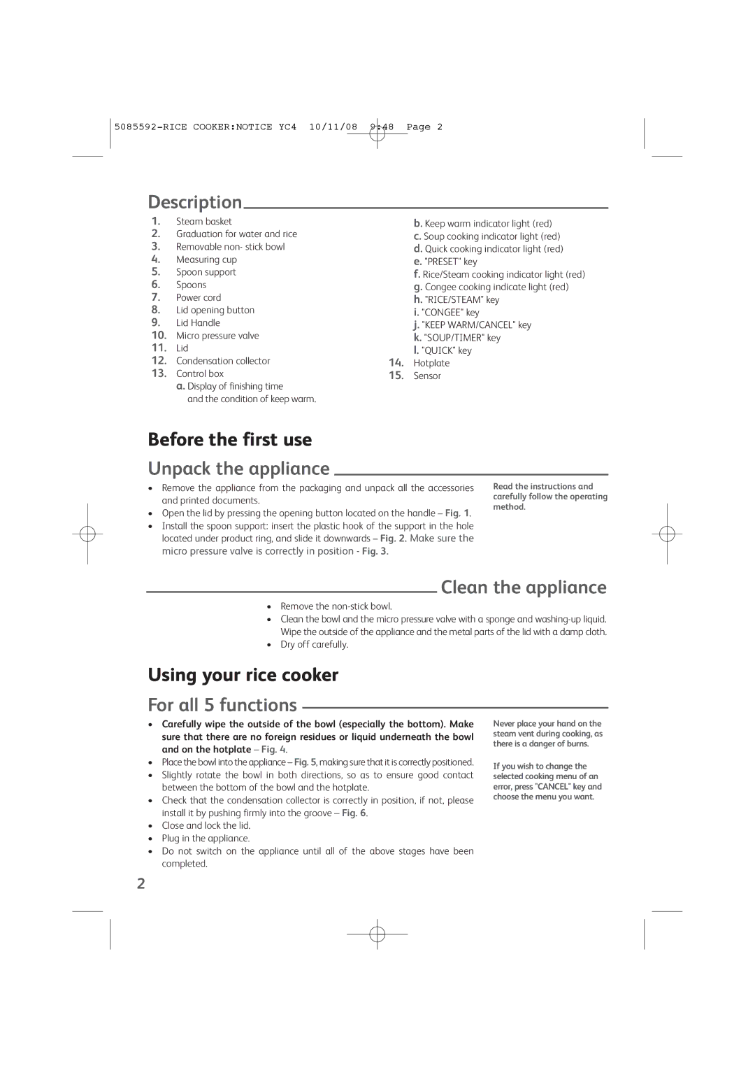 Tefal RK401170, RK401171 manual Description, Unpack the appliance, Clean the appliance, For all 5 functions 