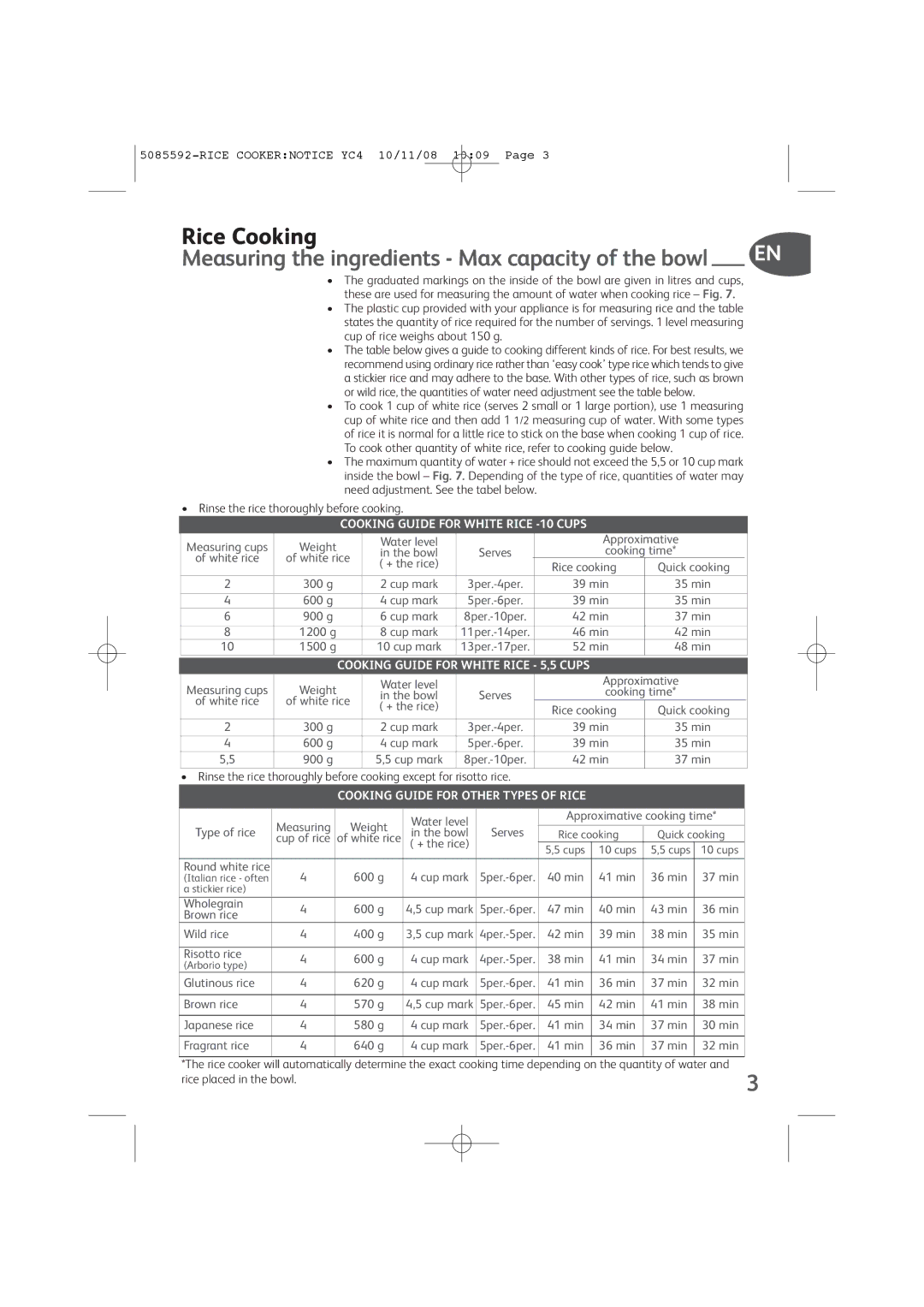 Tefal RK401171, RK401170 manual Rice Cooking 