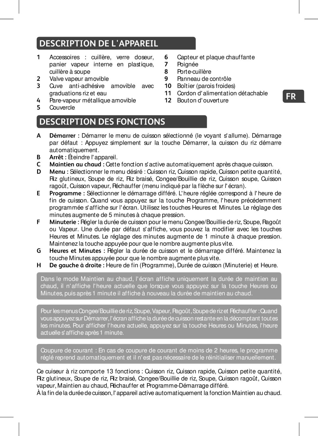 Tefal RK700650, RK700673, RK700671, RK700672, RK700670 manual Description de lappareil, Description des fonctions 