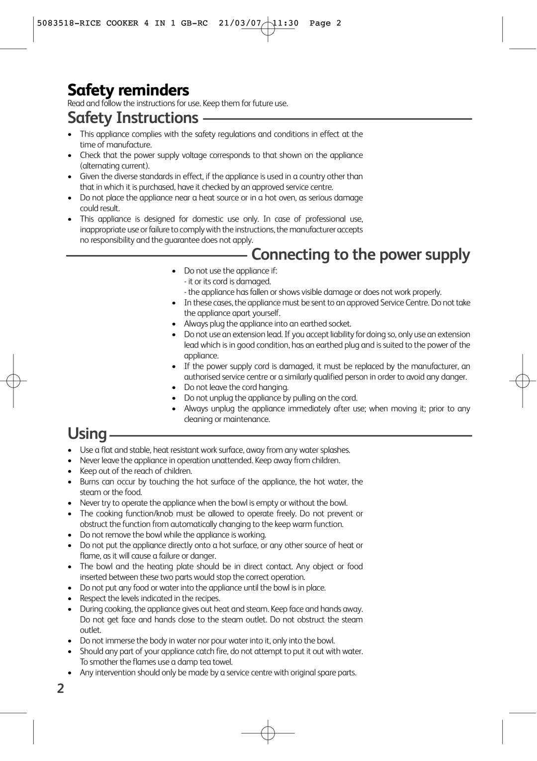 Tefal RK701115, RK701150, RK701116, RK701170 Safety reminders, Safety Instructions, Connecting to the power supply, Using 