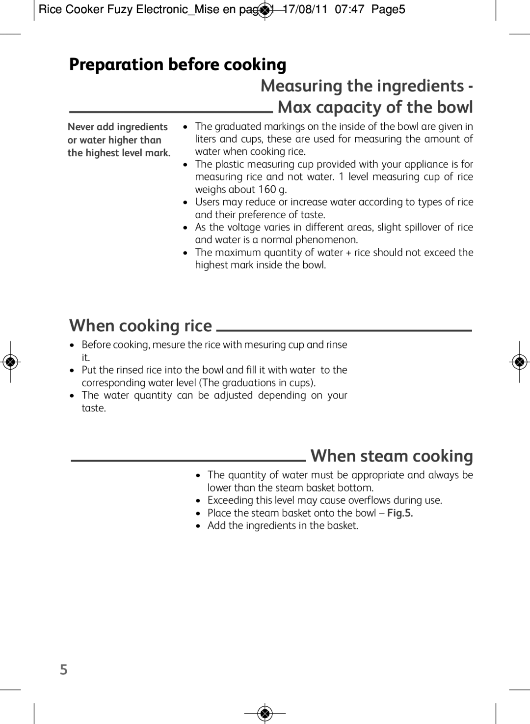 Tefal RK703171, RK703170 Preparation before cooking, Measuring the ingredients Max capacity of the bowl, When cooking rice 