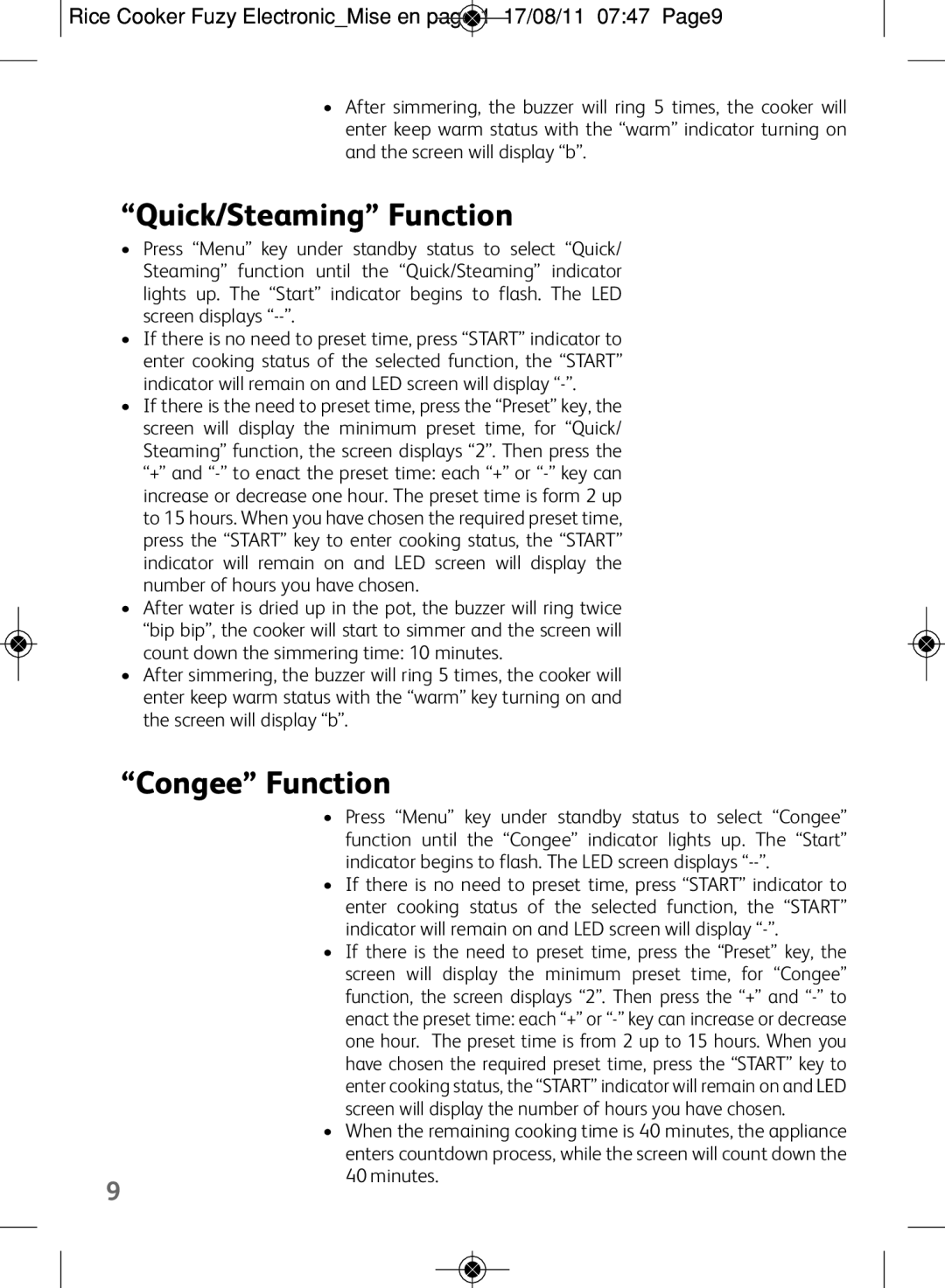 Tefal RK703171, RK703170 manual Quick/Steaming Function, Congee Function, 40minutes 