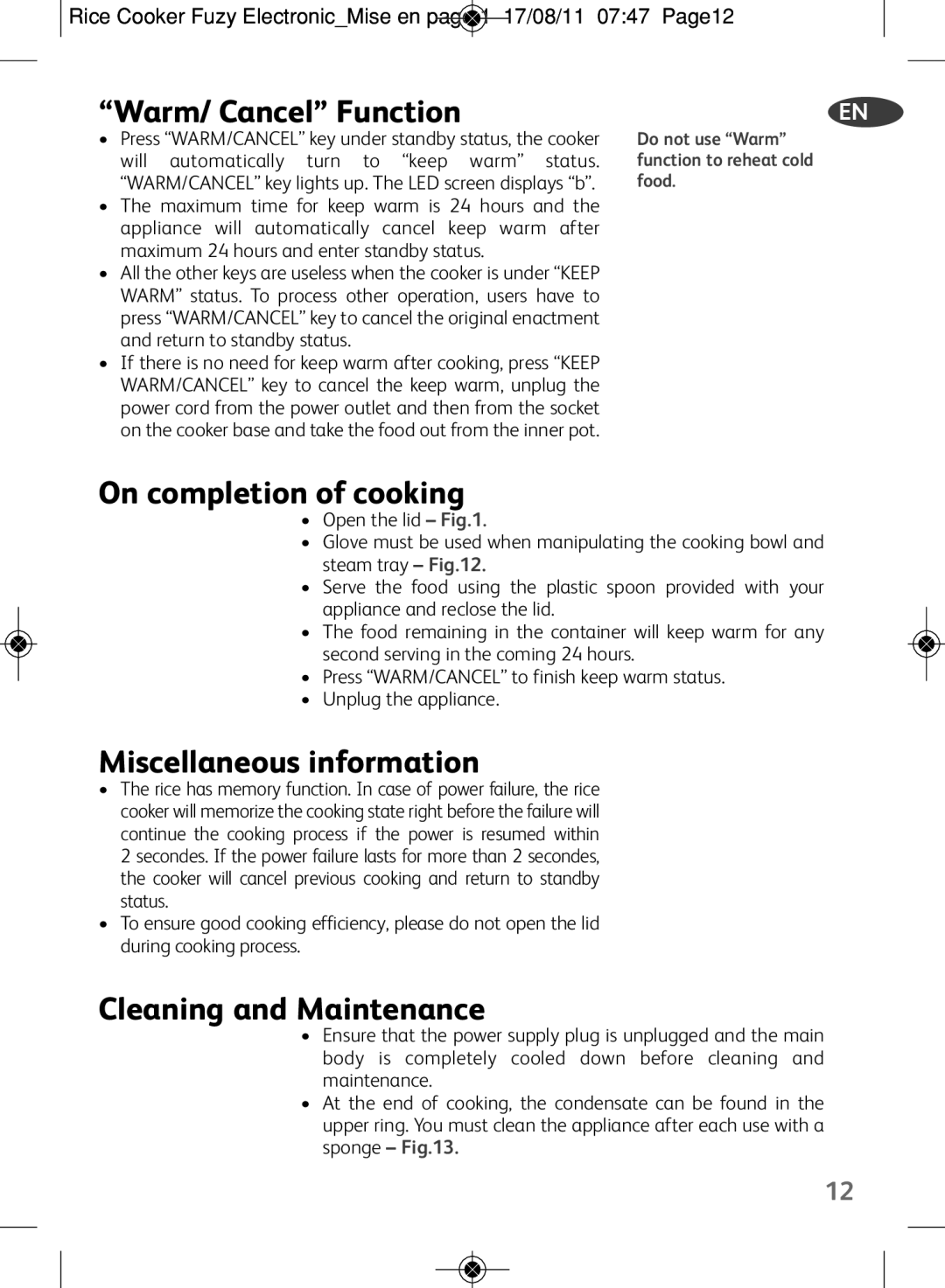 Tefal RK703170 manual Warm/ Cancel Function, On completion of cooking, Miscellaneous information, Cleaning and Maintenance 