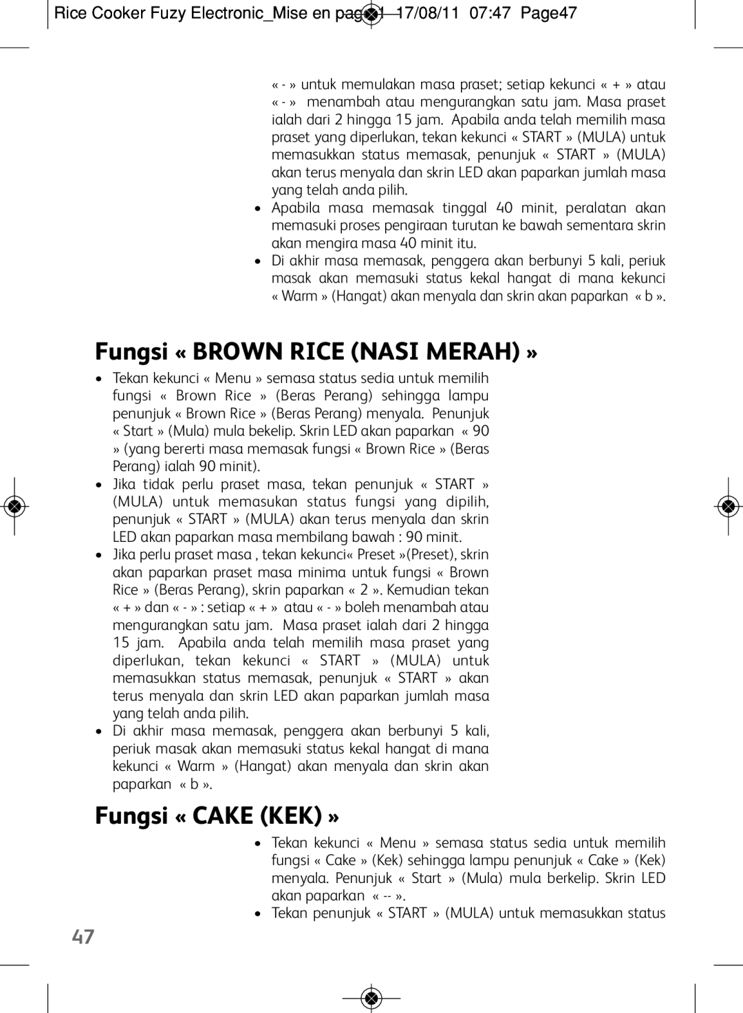 Tefal RK703171, RK703170 manual Fungsi « Brown Rice Nasi Merah », Fungsi « Cake KEK » 