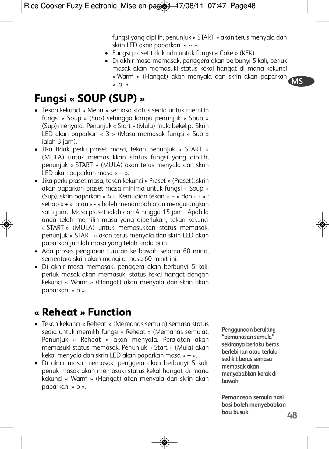 Tefal RK703170, RK703171 manual Fungsi « Soup SUP », « Reheat » Function 