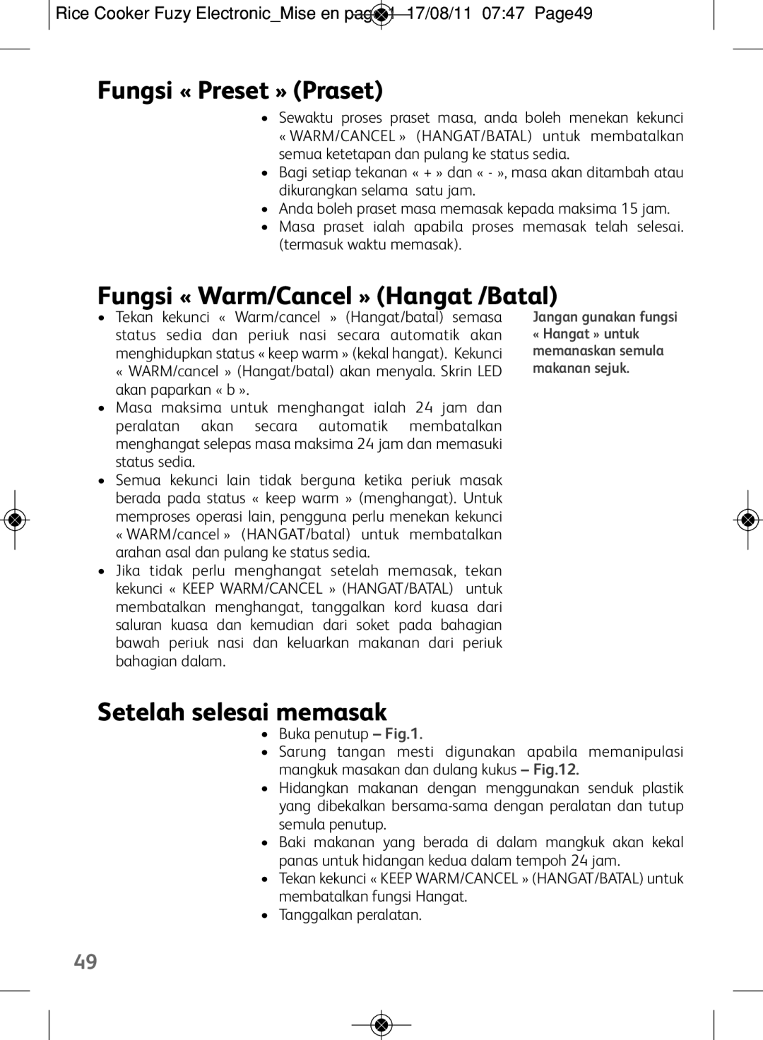 Tefal RK703171 manual Fungsi « Preset » Praset, Fungsi « Warm/Cancel » Hangat /Batal, Setelah selesai memasak, Buka penutup 