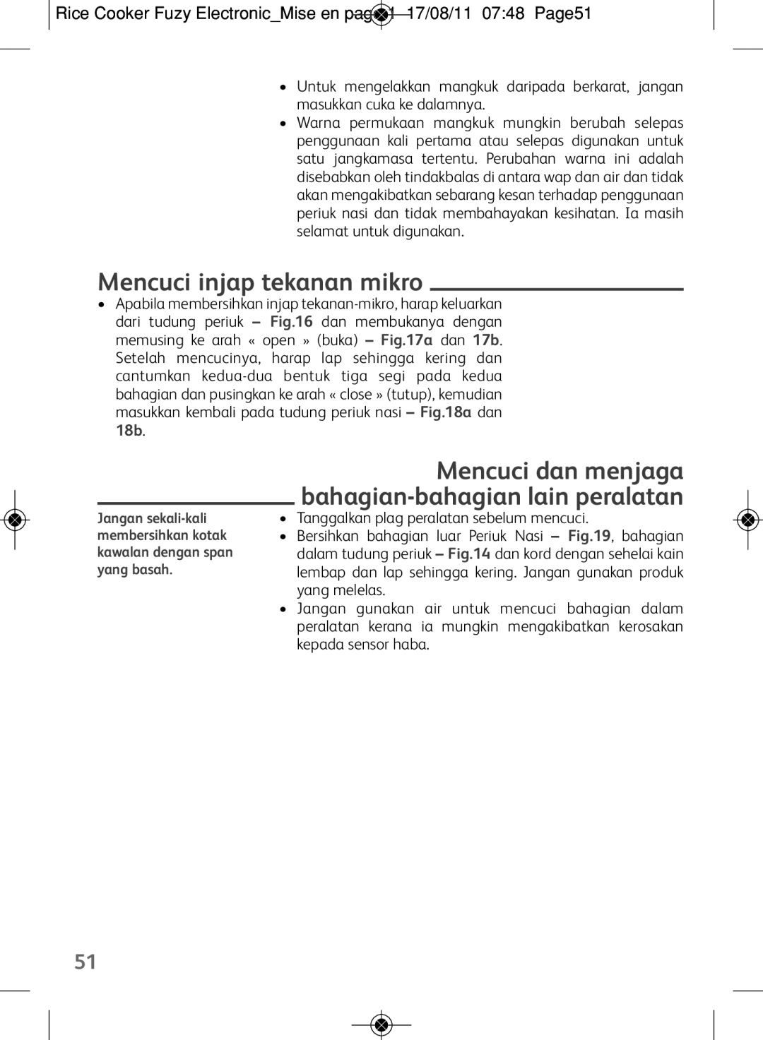 Tefal RK703171, RK703170 manual Mencuci injap tekanan mikro, Mencuci dan menjaga bahagian-bahagian lain peralatan 