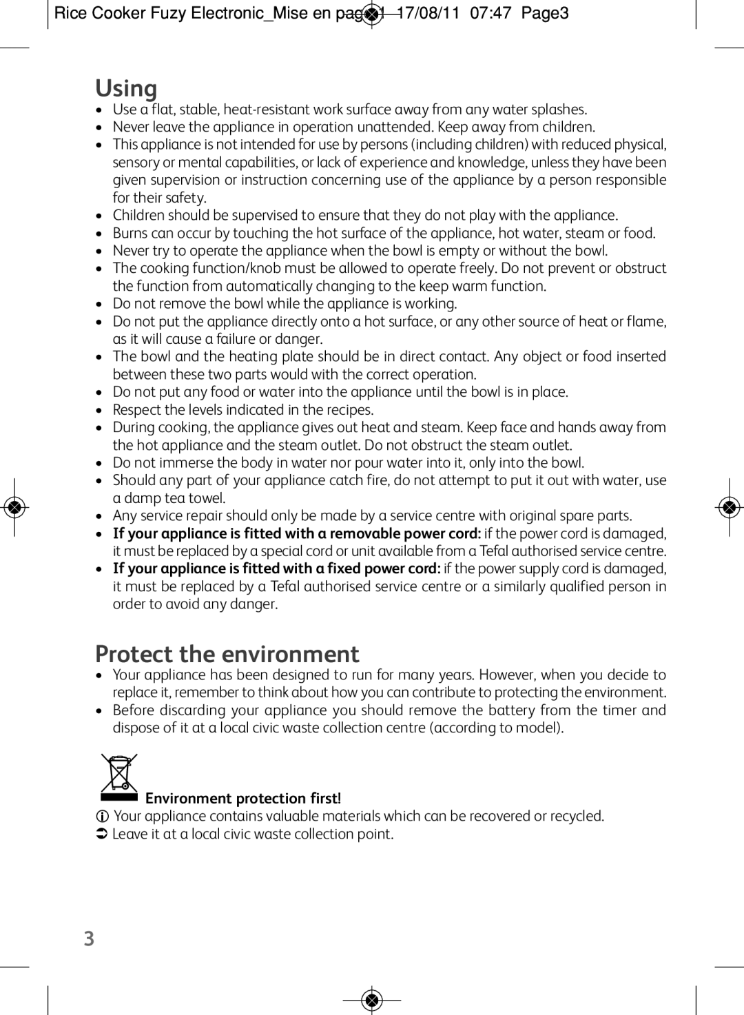 Tefal RK703171, RK703170 manual Using, Protect the environment 